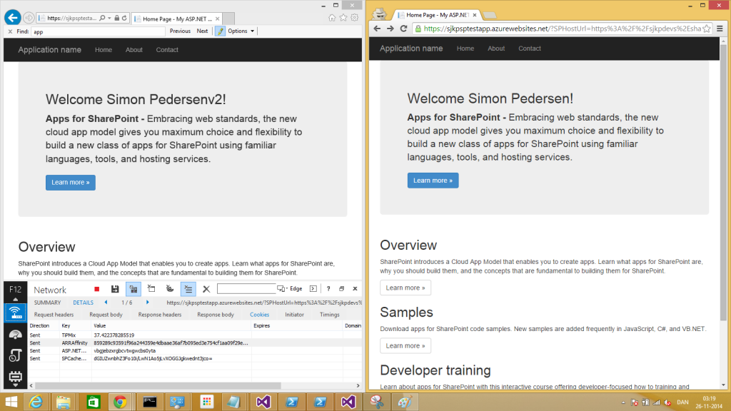 Here's my two versions of the simple test App, in IE I have been served the new "V2" of the app, while in chrome (right) I still get the old version. 